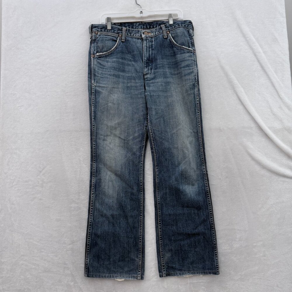 Wrangler Jeans Mens 32x30 Blue Sanforized Gripper Zipper Whisker Cowboy Repro